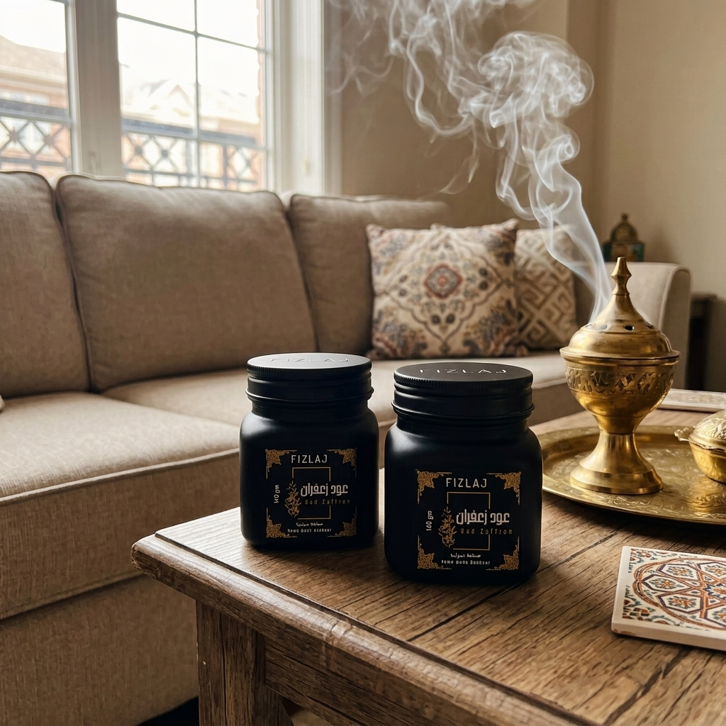 FIZLAJ Oud Zaffron Duo with two 140gm bakhoor containers displayed in a warm Arabic-style living room.