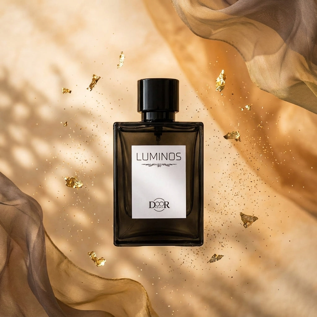 Close-up of Doorscent Luminos perfume bottle featuring fresh floral musk fragrance for men and women